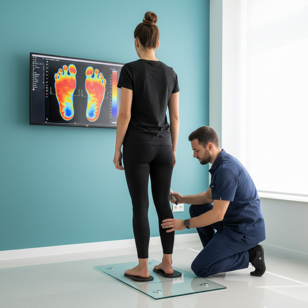 Especialista FootMedical evaluando postura y pisada de paciente en plataforma biomecánica