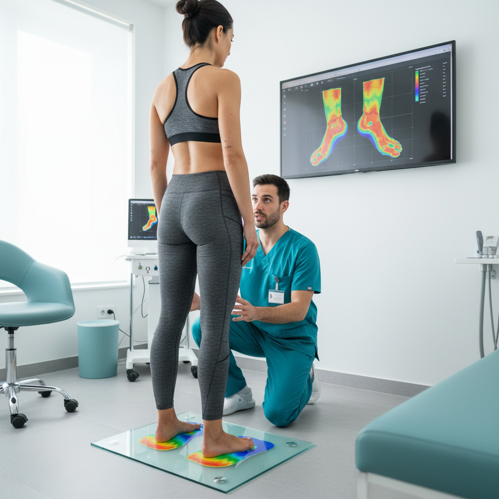 Paciente caminando sobre plataforma de análisis de pisada en clínica FootMedical