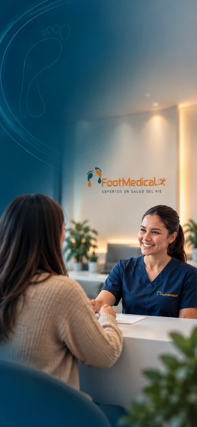 Especialista FootMedical atendiendo a paciente en recepción